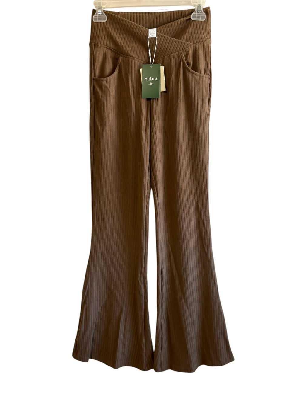 NEW HALARA Size Small Brown Green Ribbed Knit Flare Leg Cross Waist Yoga Pants